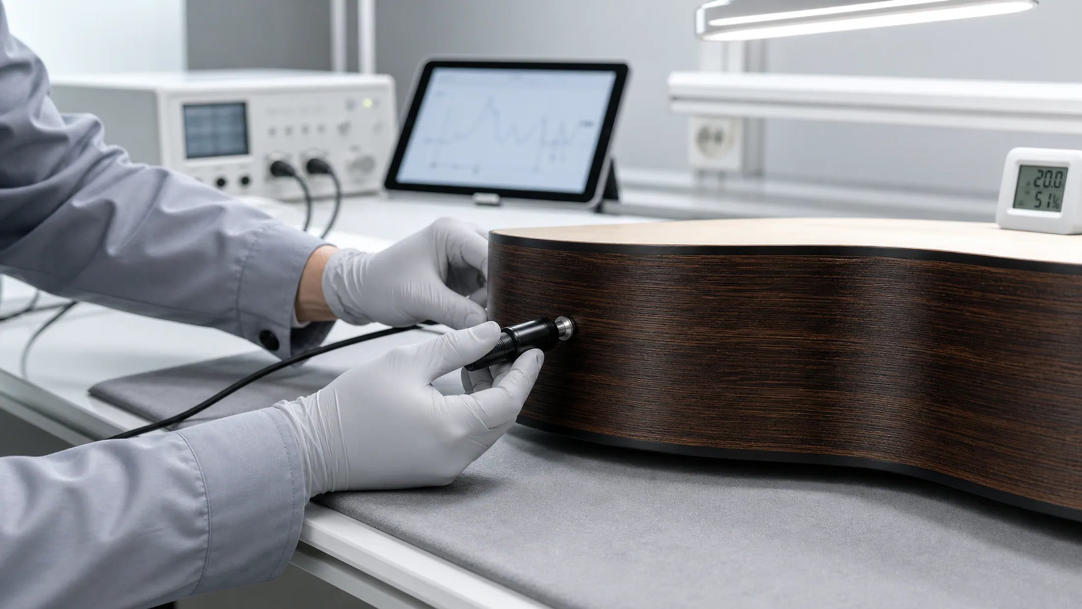 NOVA guitar body inspected in a clean service laboratory