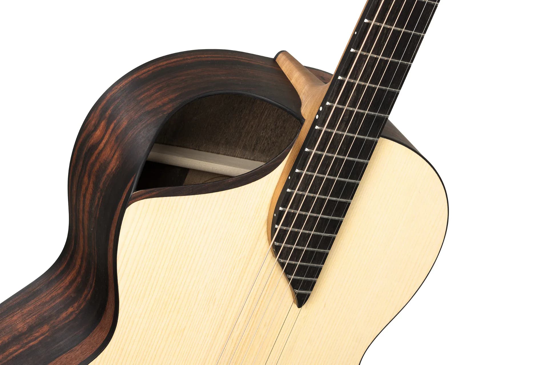 NOVA offset soundhole and double-top soundboard detail